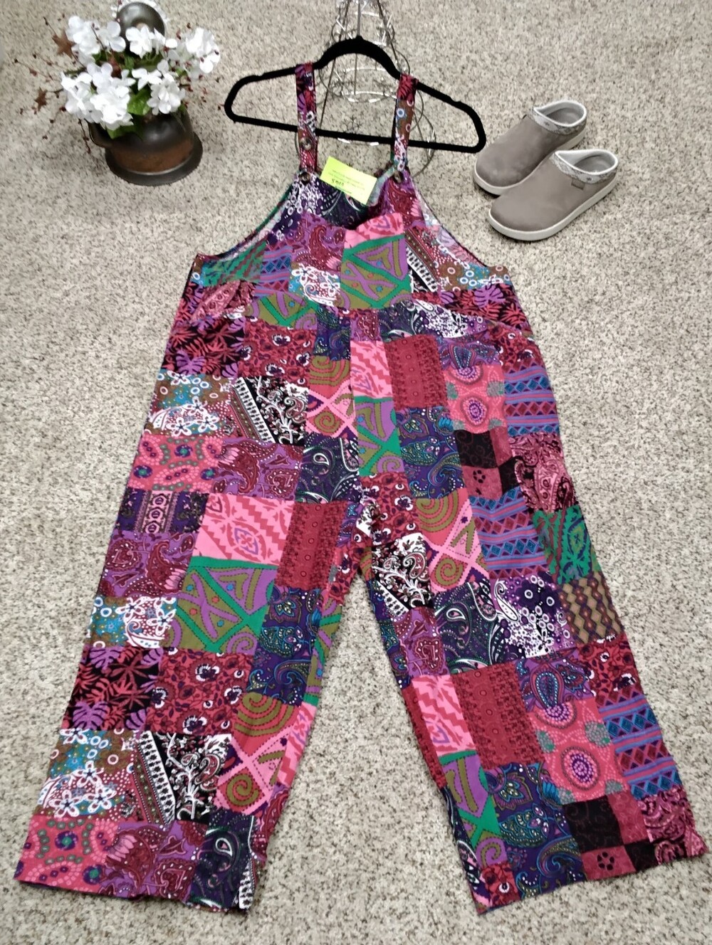 4056 Size XXL Rayon Patchwork Print Wide-Leg Overalls In Pink & Purple